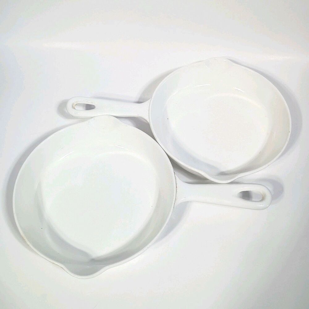 Le Creuset #16 Vtg White Full Enameled 6" (16cm) Cast Iron Skillet Lot of 2